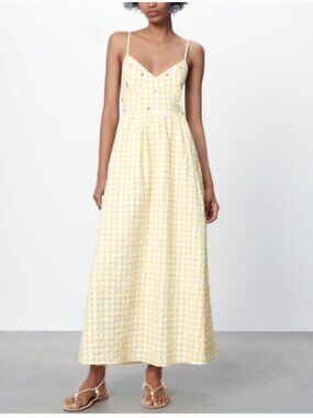 NWT Zara Yellow Gingham Beaded Halter Maxi Summer Sundress Dress Small